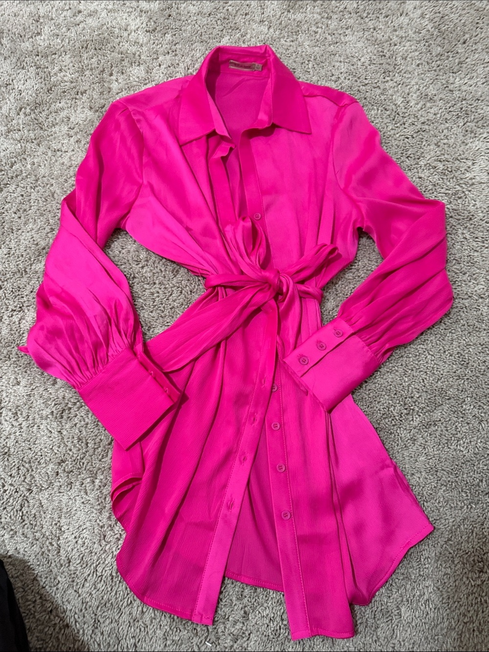 Fuchsia Satin Tie-Front Button Dress